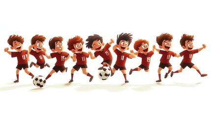 a 2D cartoon illustration of a soccer team practicing passing, coordinated and energetic, white background--ar 16:9