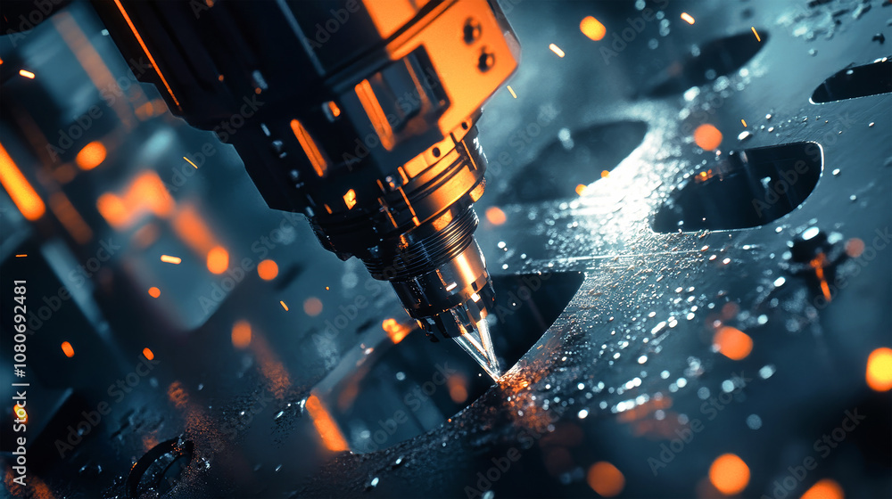 Poster close-up of a vertical cnc router carving a metal part in an industrial factory with lens flares and
