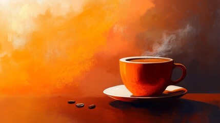 Obraz premium A steaming cup of coffee on a saucer with a vibrant orange background, creating a warm and inviting atmosphere.
