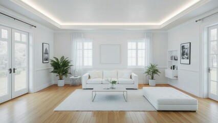 Elegant Minimalist Living Room with White Sofa, Modern Decor, and Natural Lighting - Perfect for Relaxation and Modern Living