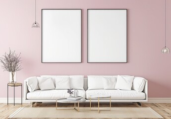 A minimalist living room with a grey sofa. pink walls. and two blank frames