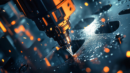 Close-up of a vertical CNC router carving a metal part in an industrial factory with lens flares and sparks illuminating the work area