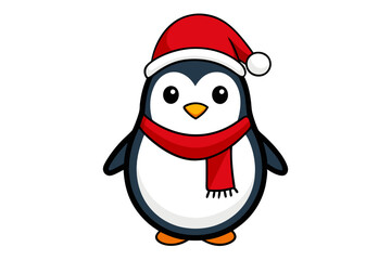 Christmas Penguin with Santa Hat and Scarf, Vector Outline of A cute Penguin on white background