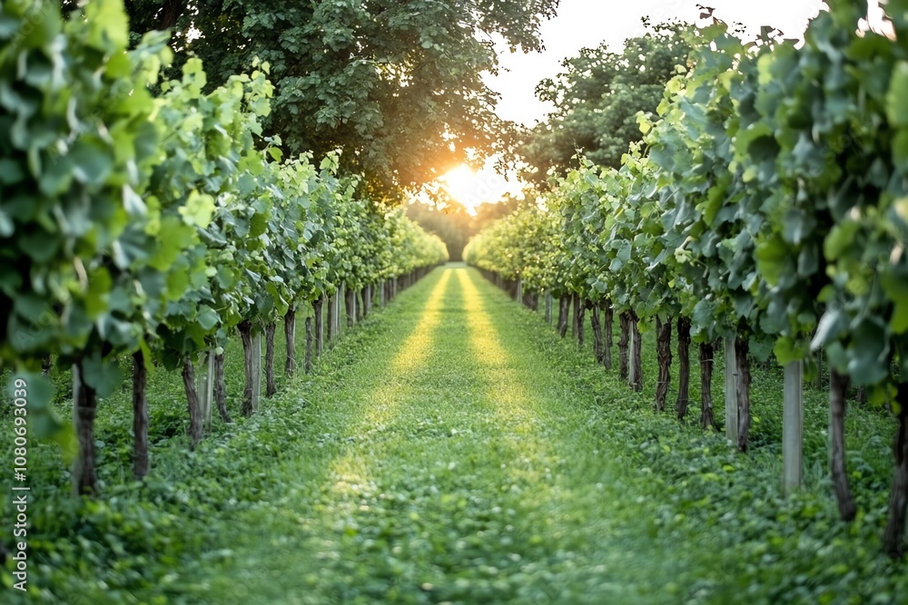 Poster a sunlit path through rows of grapevines in a vineyard, with a warm glow on the horizon.
