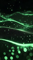 Abstract green digital background with dots and lines, black background, gradient, depth of field effect, dark tones