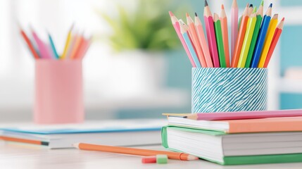 Fototapeta premium Colorful pencils in a decorative holder on a desk with books, creating a vibrant workspace environment.