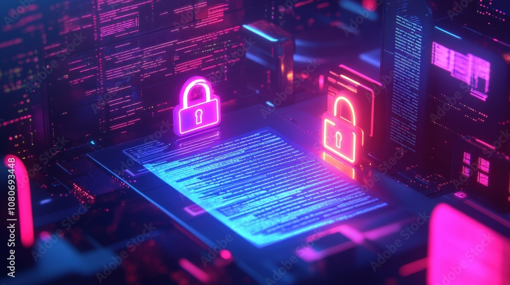 Poster futuristic cyber security concept with glowing lock icons on digital interface.