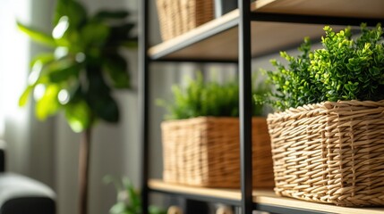 Fototapeta premium A stylish shelf displaying woven baskets filled with greenery, bringing a touch of nature indoors and enhancing home decor.
