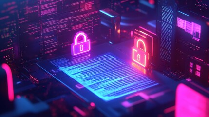 Futuristic cyber security concept with glowing lock icons on digital interface.