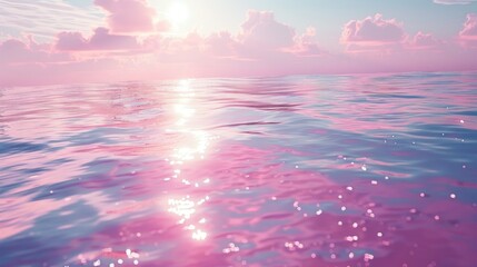A serene seascape at sunset with a pink sky and sparkling water.