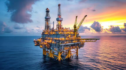 Overhead view of a drilling rig in the ocean at sunset, showcasing a dramatic sky and intricate details of the structure