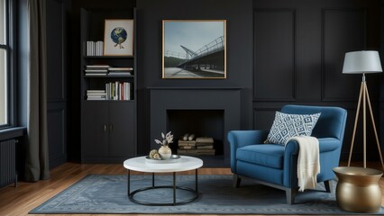 Fototapeta premium Elegant Modern Living Room with Blue Armchair, Cozy Atmosphere, Perfect for Relaxation and Reading