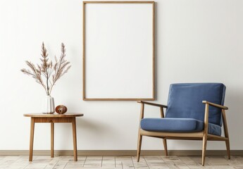 A modern living room interior with a blue armchair. a wooden coffee table. a potted plant. and a blank frame on the wall