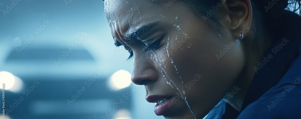 Poster a close-up of a person in the rain, expressing deep emotion and vulnerability.