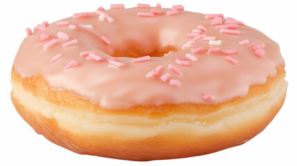 A delicious pink glazed donut with pink sprinkles.