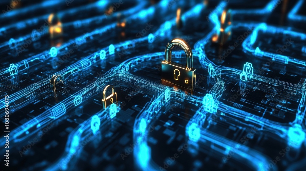 Poster futuristic digital circuit maze with glowing locks symbolizing cybersecurity and data protection.