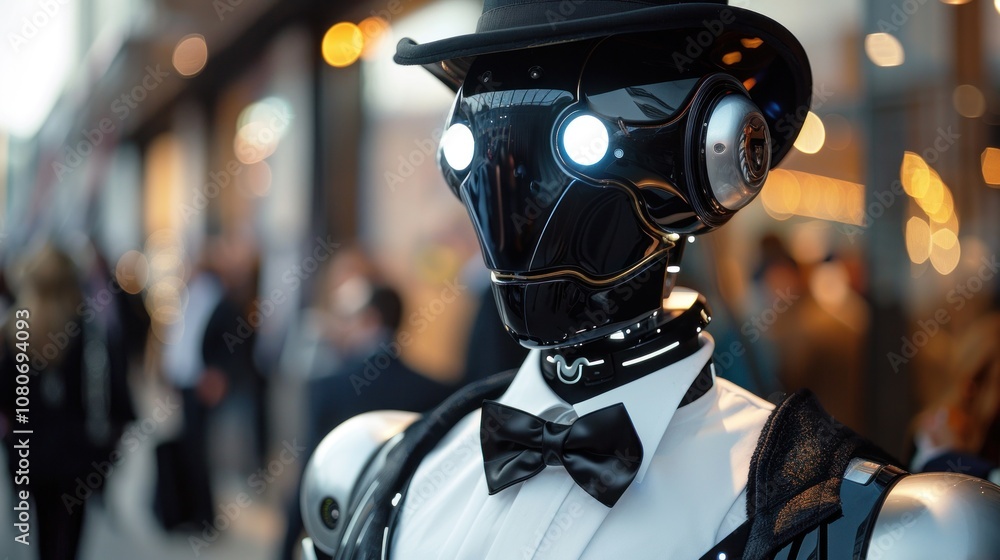 Poster A futuristic robot dressed in a tuxedo and a top hat.