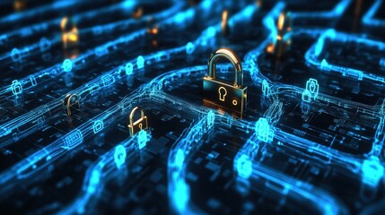 Futuristic digital circuit maze with glowing locks symbolizing cybersecurity and data protection.