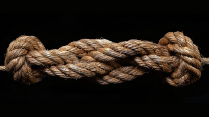 A close-up of a thick, brown rope tied in a complex knot, isolated against a black background.