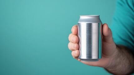 Close up of a Hand Holding a Silver Aluminum Can Against a Turquoise Background