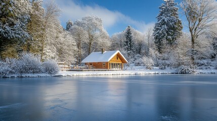 Wooden cabin by a frozen lake with snow-laden trees, peaceful winter landscape, morning light adding warmth,