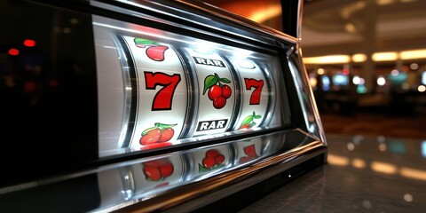 Lucky Seven Jackpot,  Close up of a Slot Machine with Cherries and the Winning Number