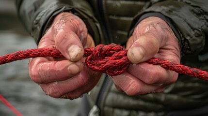 Close-up of weathered hands tying a red rope knot.