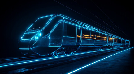 A futuristic train in wireframe illustration style is traveling down the tracks.   