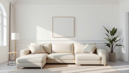 Fototapeta premium Elegant Minimalist Living Room with White Sofa, Modern Decor, and Natural Lighting - Perfect for Relaxation and Modern Home Decor Inspiration