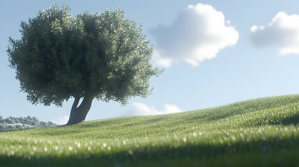 Fototapeta premium A solitary tree stands tall on a grassy hill, its branches reaching towards a bright blue sky adorned with fluffy clouds.