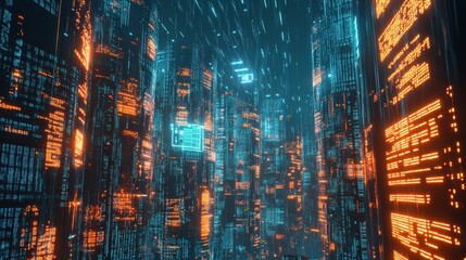 Futuristic digital cityscape with neon lights and data stream aesthetics.