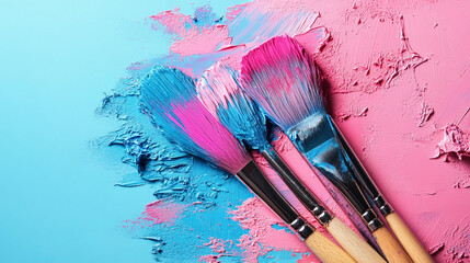 Obraz premium Colorful brushes on a vibrant blue and pink paint background at an artist's workspace