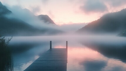 A Wooden Dock Extending Into a Misty Mountain Lake at Sunrise