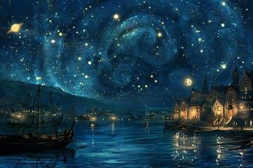 Fototapeta premium A painting of a city with a large star in the sky. The star is surrounded by many other stars