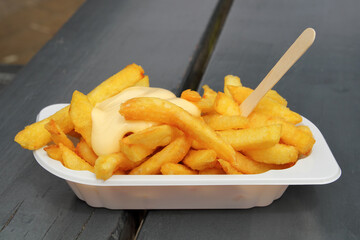 A portion of French fries with mayonnaise in a plastic box.