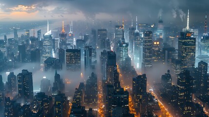 Fototapeta premium Aerial view of a city skyline shrouded in fog, illuminated by city lights and skyscrapers.