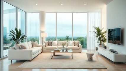 Fototapeta premium Modern Luxury Living Room with Panoramic City View, Perfect for Relaxation and Entertaining