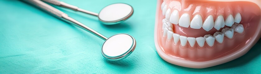 Dental tools and model showcasing oral health and hygiene on a teal surface.