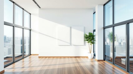 Fototapeta premium Modern Minimalist Living Room with Floor-to-Ceiling Windows and Natural Light, Perfect for Relaxation and Productivity