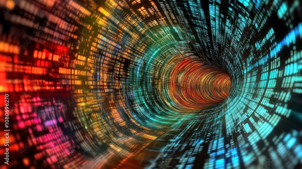 Poster abstract tunnel of swirling digital code with vibrant colors.