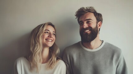 Fototapeta premium of a bearded white man in casual clothes with a smiling blonde woman, gray studio background, soft lighting, warmth