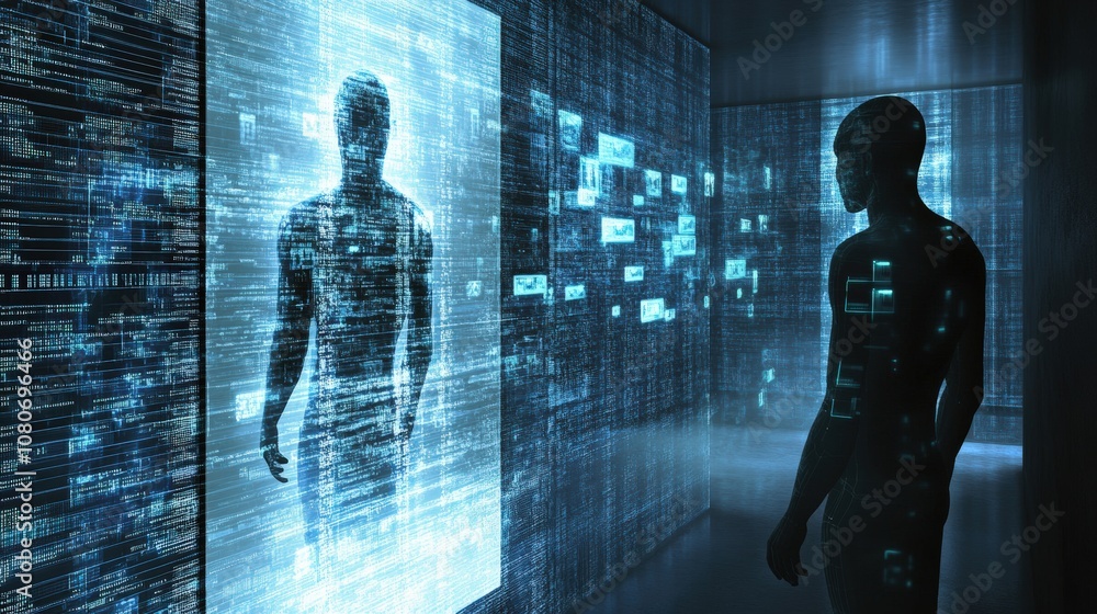 Poster futuristic digital interaction between human and virtual interface in a high-tech environment.