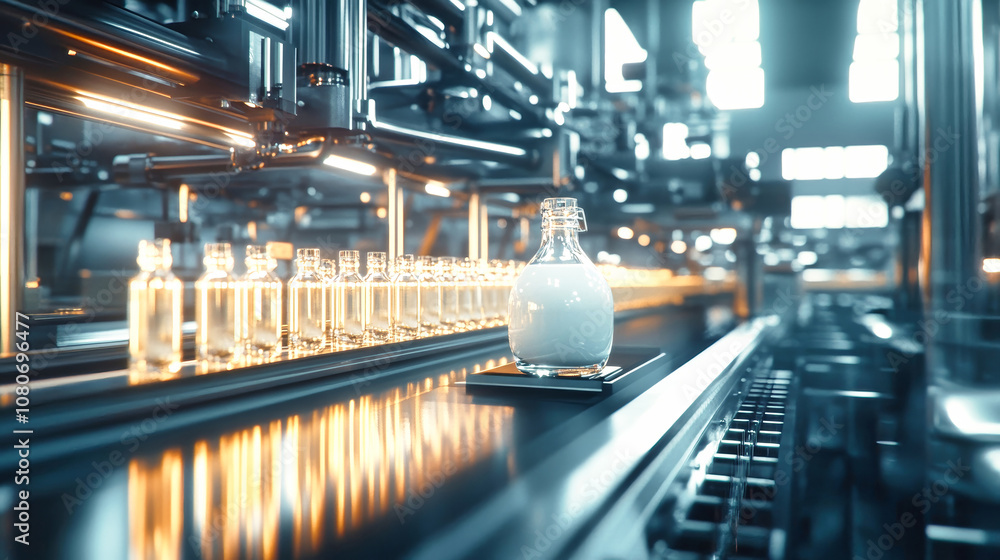 Poster close-up view of a modern milk production line with glass bottles being filled and placed on a conve