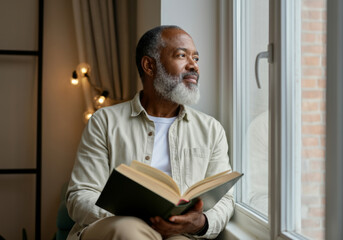 Fototapeta premium Pensive older man with book gazing out window in cozy indoor setting