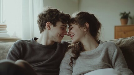 Fototapeta premium of a young couple sitting on a couch, looking at each other and smiling, cozy living room setting, natural indoor light