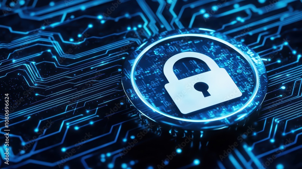 Poster digital padlock symbol on a futuristic circuit board background, representing cybersecurity and data