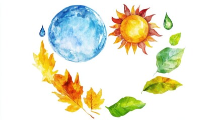 Obraz premium Watercolor illustration of sun, moon, leaves, and drops on a white background.