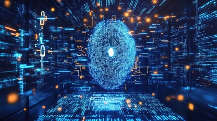 Futuristic digital interface with glowing blue elements and a central core representation.