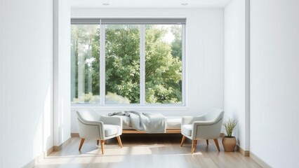 Fototapeta premium Bright Modern Living Room with Large Windows Overlooking Lush Green Trees, Perfect for Relaxation and Natural Light