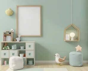 A blank poster mockup in a green kid's room with a bookshelf. toys. and a rug